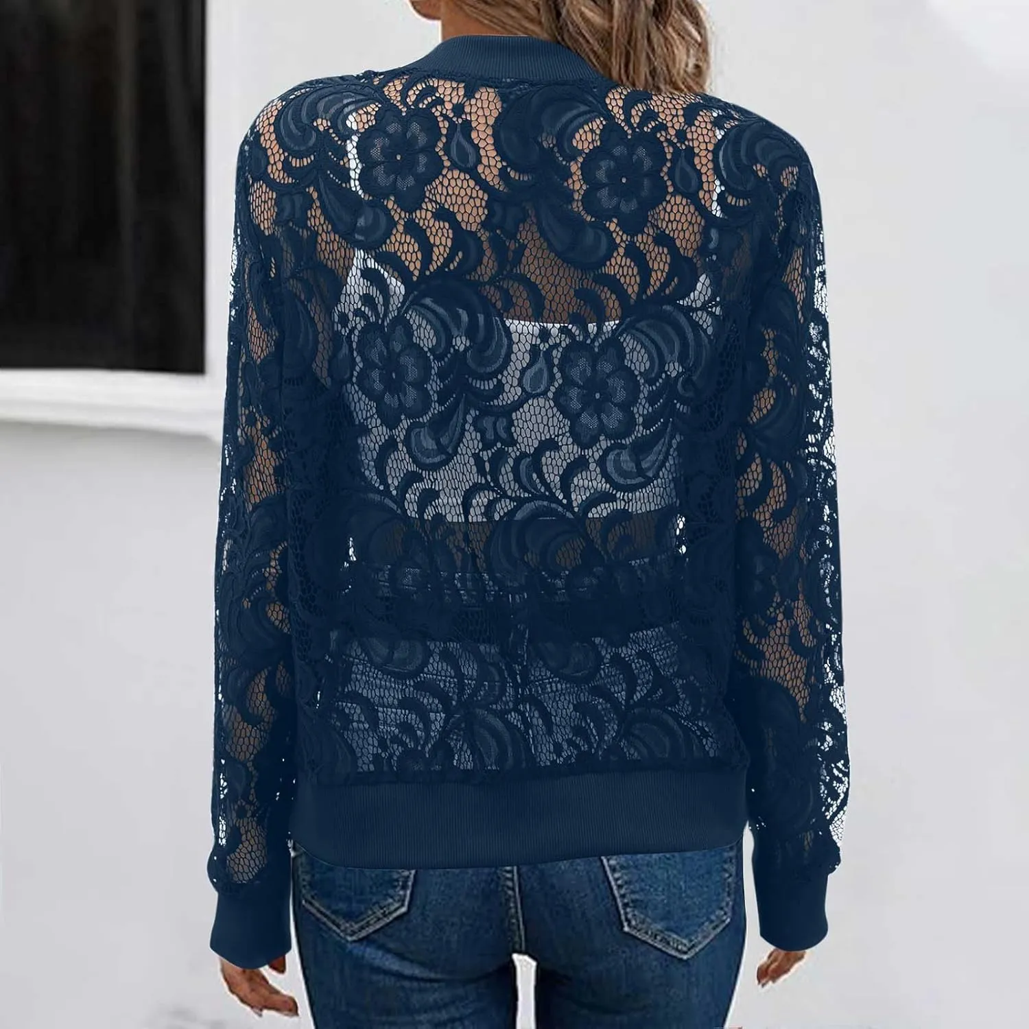 Womens Lace Sheer Bomber Jacket Mock Neck See Through Long Sleeve Full Zip Cropped Coat Fall Fashion Elegant Outerwear