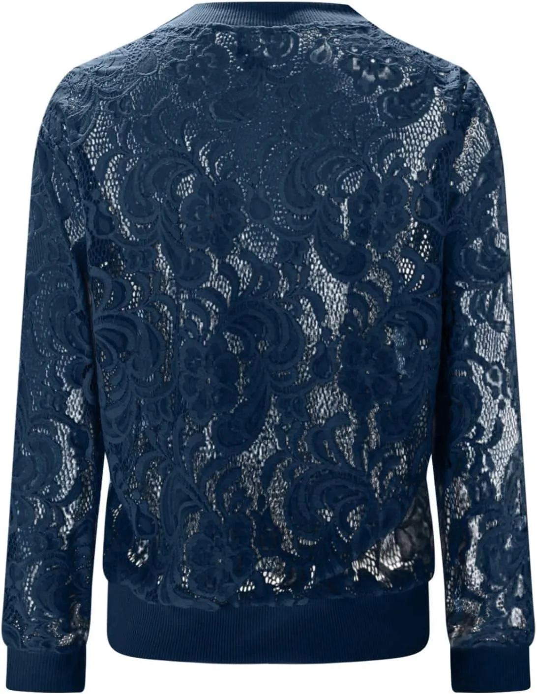 Womens Lace Sheer Bomber Jacket Mock Neck See Through Long Sleeve Full Zip Cropped Coat Fall Fashion Elegant Outerwear