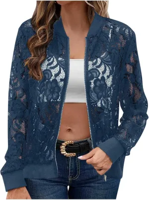 Womens Lace Sheer Bomber Jacket Mock Neck See Through Long Sleeve Full Zip Cropped Coat Fall Fashion Elegant Outerwear