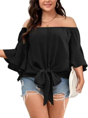Womens Plus Size Off The Shoulder Blouse Tops Half Sleeves Tie Front Sexy Flowy Top