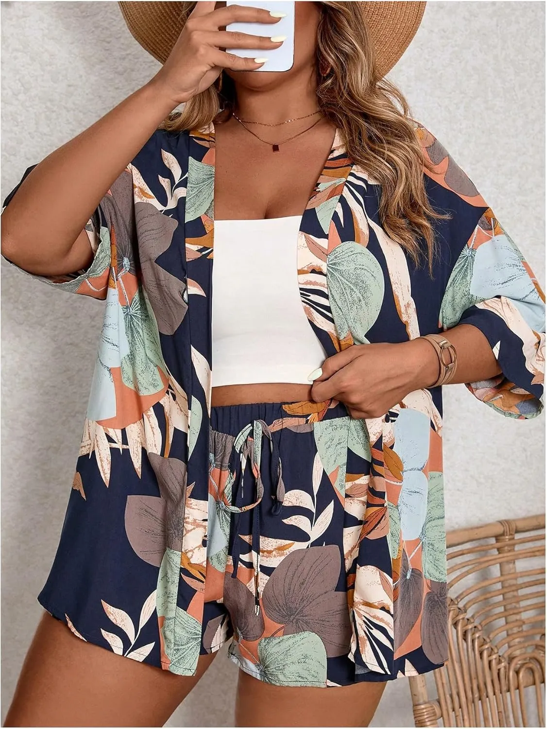 Women's Plus Size Tropical Print Short Sleeve Kimono Shirt and Shorts Set 2 Piece Vacation Outfits