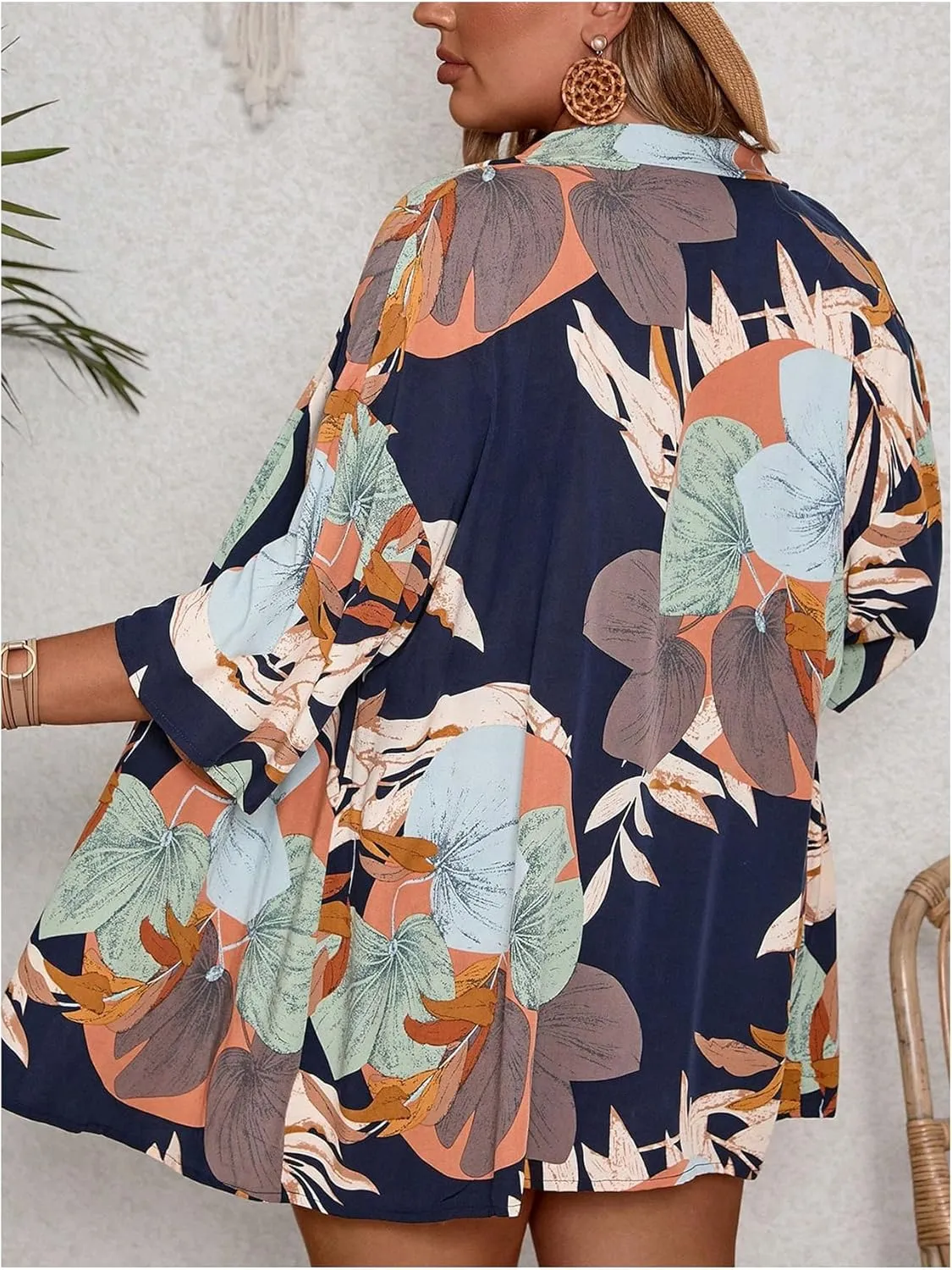 Women's Plus Size Tropical Print Short Sleeve Kimono Shirt and Shorts Set 2 Piece Vacation Outfits