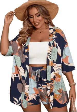 Women's Plus Size Tropical Print Short Sleeve Kimono Shirt and Shorts Set 2 Piece Vacation Outfits