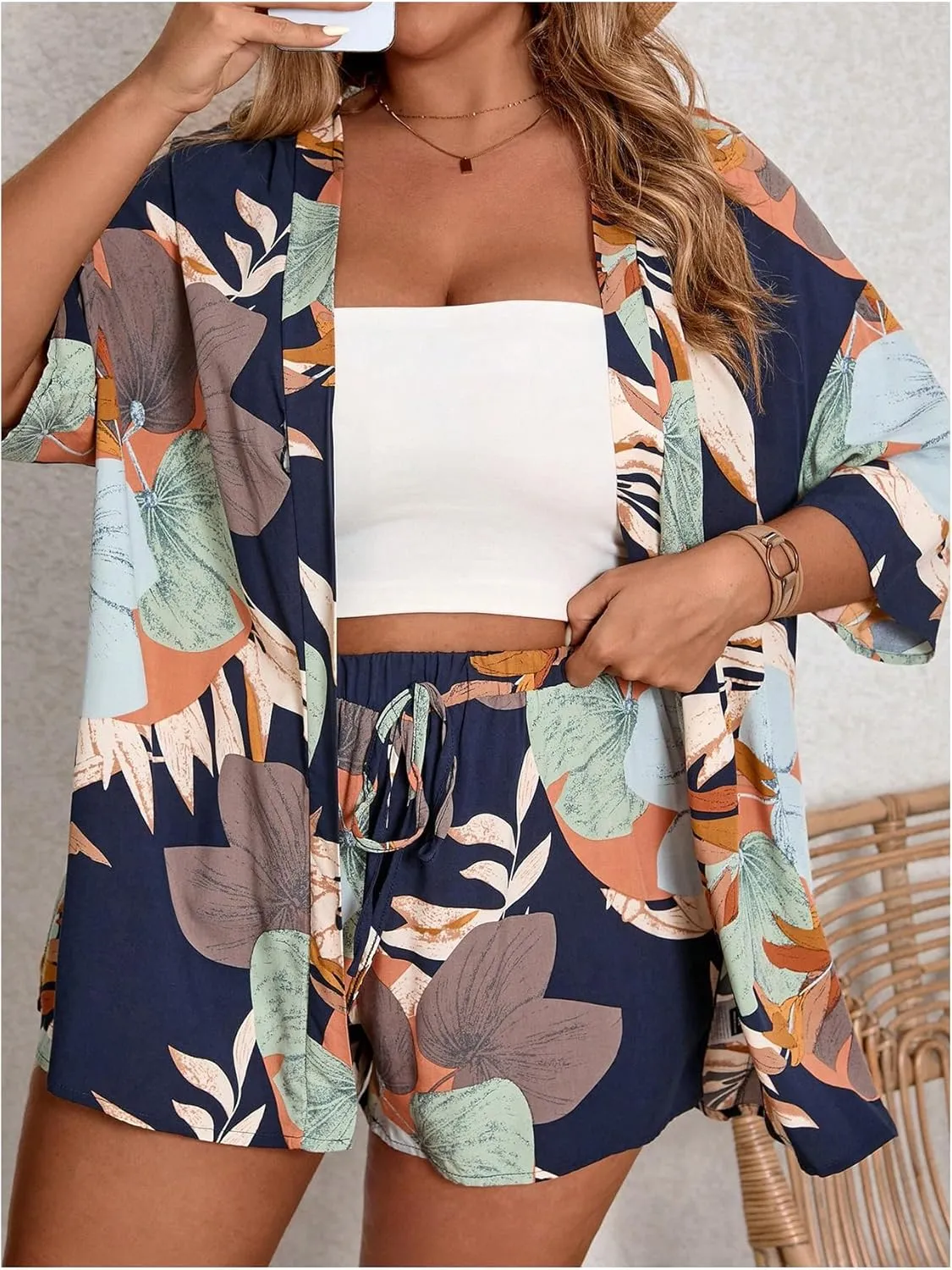 Women's Plus Size Tropical Print Short Sleeve Kimono Shirt and Shorts Set 2 Piece Vacation Outfits