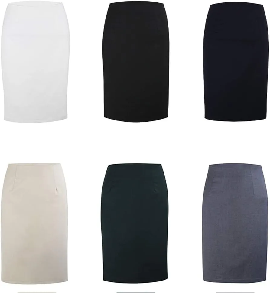 Women's Solid Knee Length Professional Pencil Office Skirt High Waisted Bodycon Cotton Linen Midi Work Dress