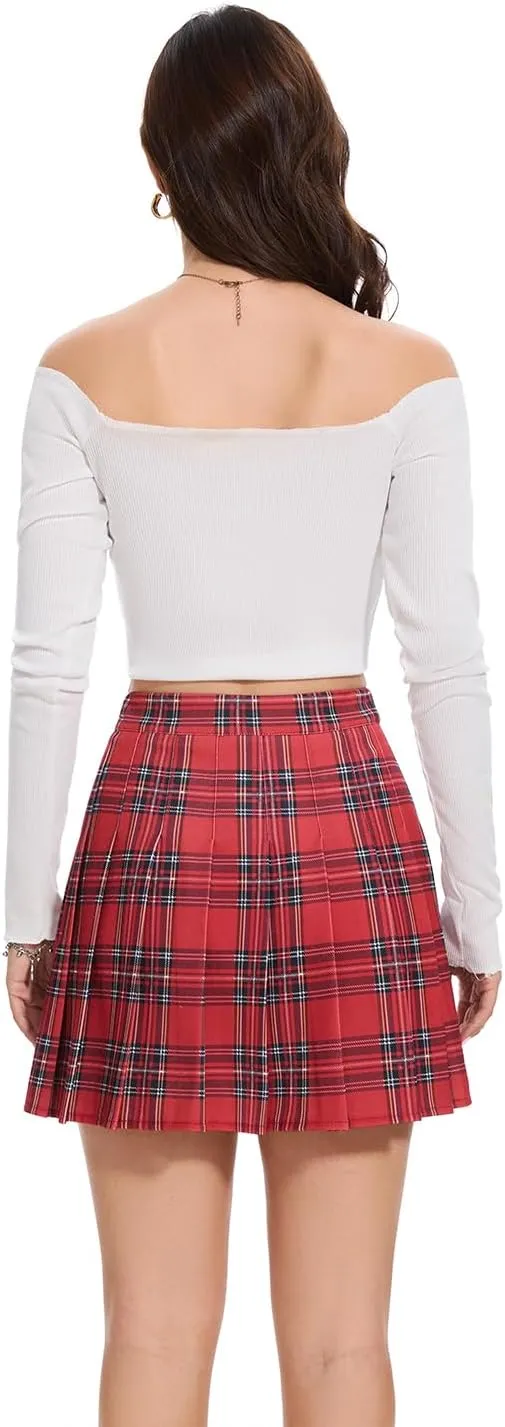 Womens Stretchy Pleated Mini Skirt Comfort High Waist Cheerleader School Uniform Skirt