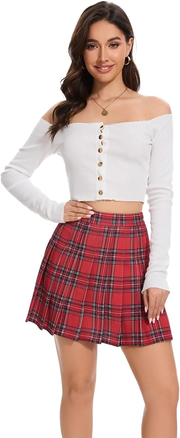 Womens Stretchy Pleated Mini Skirt Comfort High Waist Cheerleader School Uniform Skirt