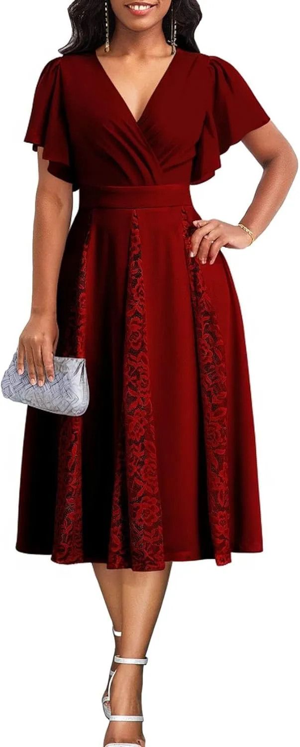 Womens Summer V Neck Maxi Dresses Casual Short Sleeve Long Party Dress