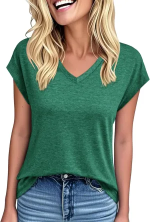 Womens Tops Summer Short Sleeve Shirts V Neck Basic Tees Cap Sleeve T Shirts Casual Trendy Spring Fashion Clothes 2025