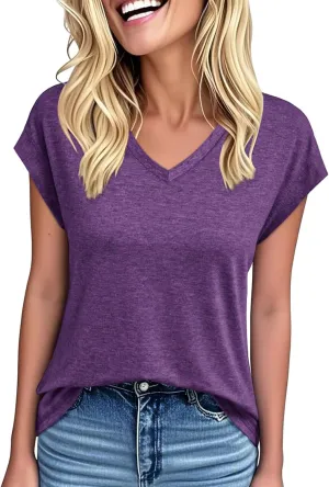 Womens Tops Summer Short Sleeve Shirts V Neck Basic Tees Cap Sleeve T Shirts Casual Trendy Spring Fashion Clothes 2025