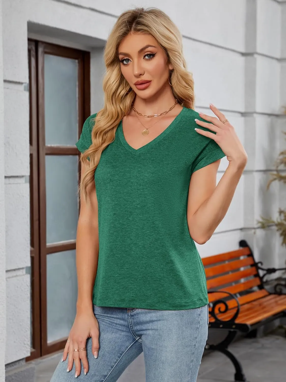 Womens Tops Summer Short Sleeve Shirts V Neck Basic Tees Cap Sleeve T Shirts Casual Trendy Spring Fashion Clothes 2025