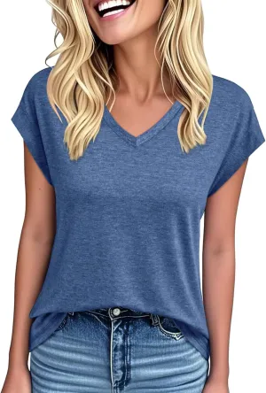 Womens Tops Summer Short Sleeve Shirts V Neck Basic Tees Cap Sleeve T Shirts Casual Trendy Spring Fashion Clothes 2025