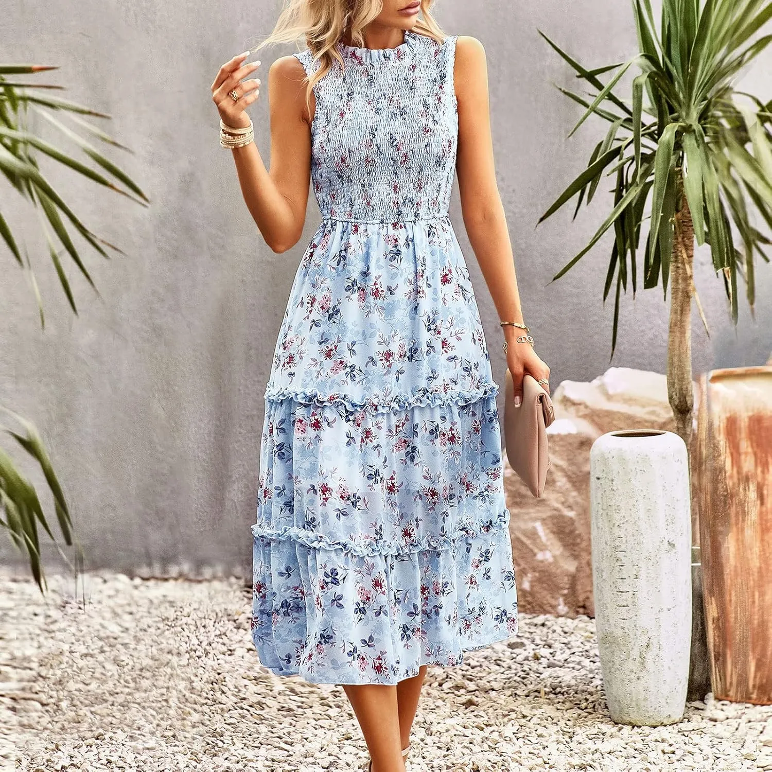 YNIQUE Women's Dress 2023 Summer Casual Boho Dress Floral Print Ruffle Sleeveless High Waist Midi Beach Dresses