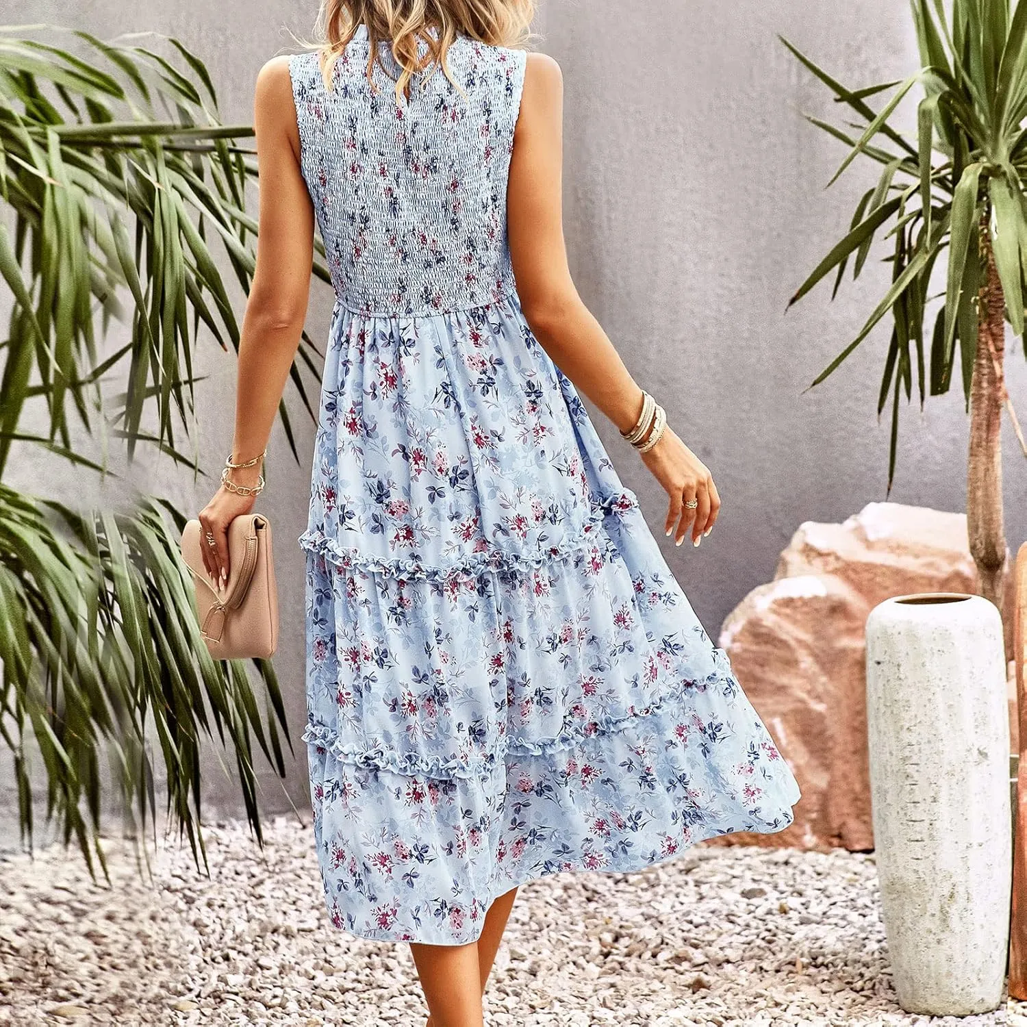 YNIQUE Women's Dress 2023 Summer Casual Boho Dress Floral Print Ruffle Sleeveless High Waist Midi Beach Dresses