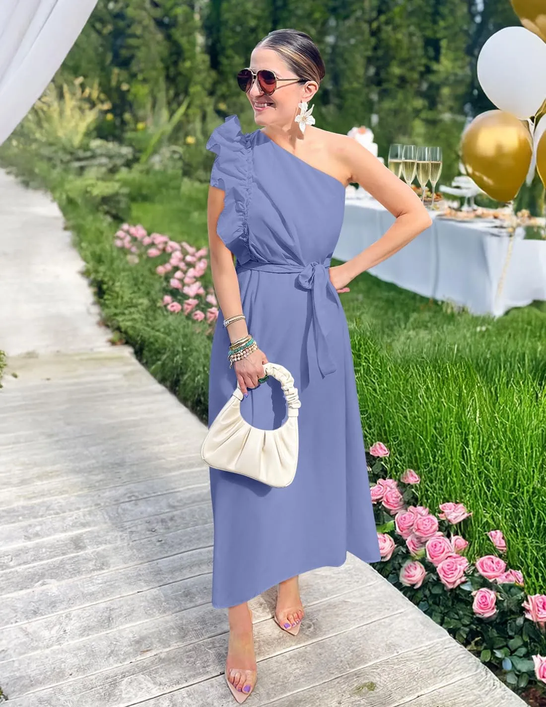 ZESICA Women's 2025 Summer One Shoulder Ruffle Dress Sleeveless Empire Waist Boho Flowy Maxi Dresses